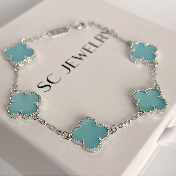 Blue Clover Bracelet Double Sided Silver Color Chain Four Leaf Platinum Plated - Picture 3 of 11